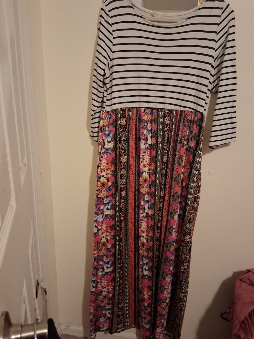Striped Bodice Floral Maxi Dress in White and Pink